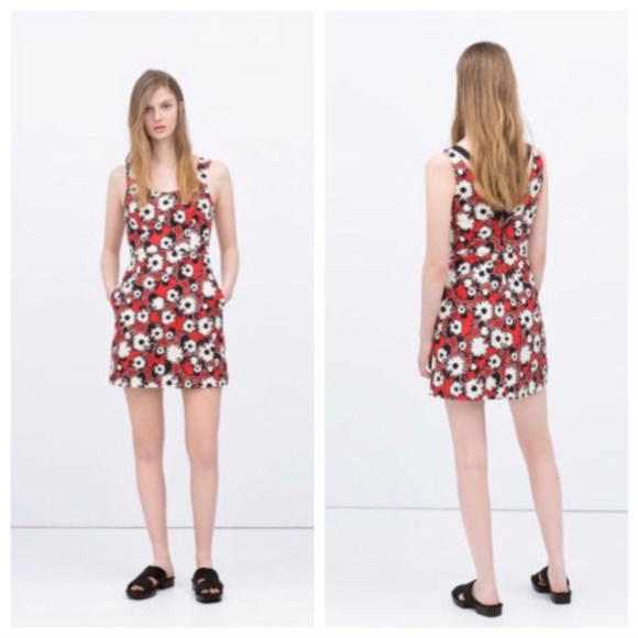 ZARA TRAFALUC Red Black White Floral zipup dress M - Picture 2 of 7